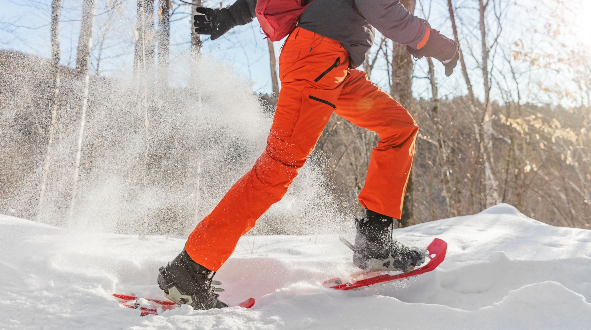 Snowboarder in bright orange pants carving through fresh powder in a snowy forest scene.