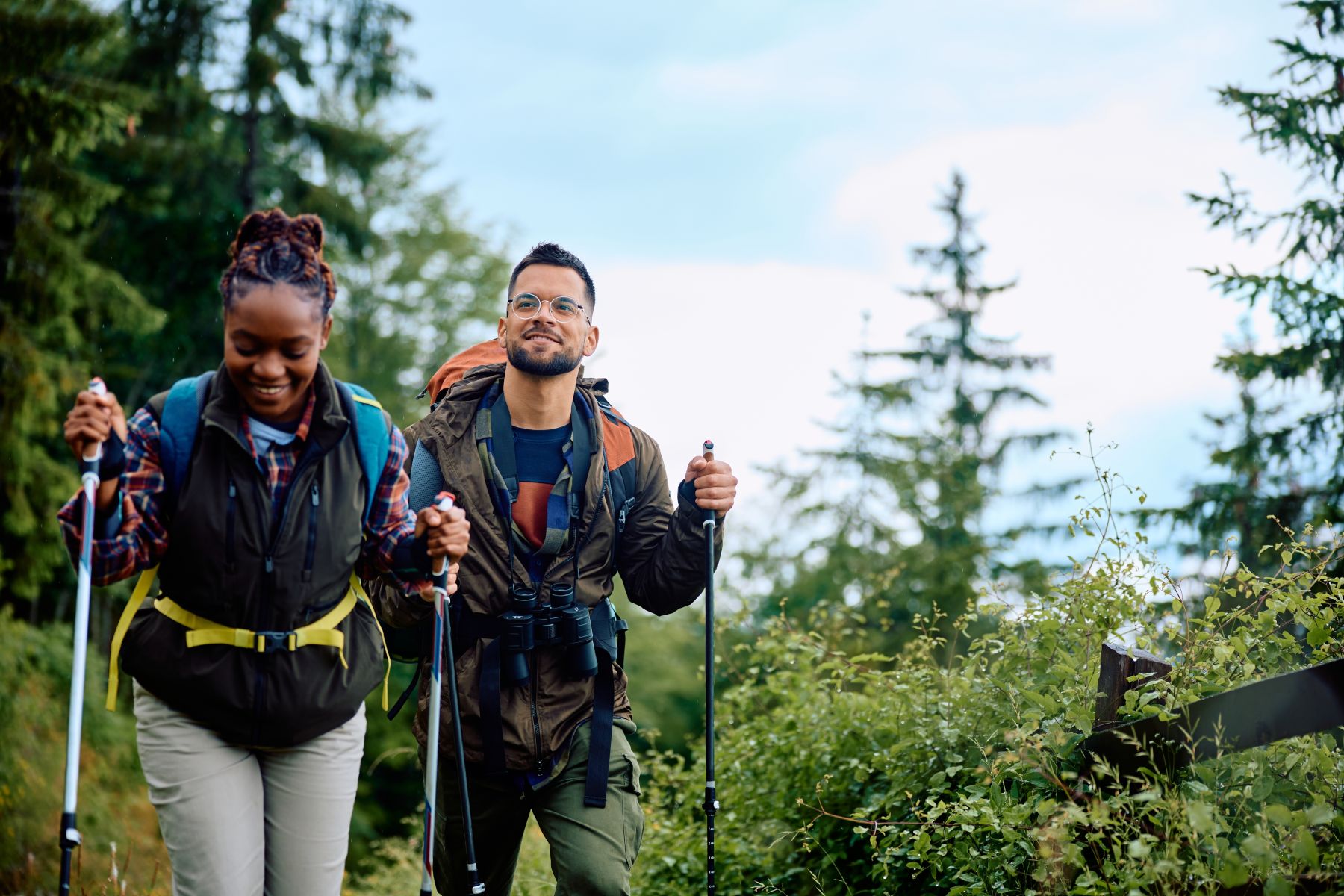 Two hikers with backpacks and trekking poles walking along a forest trail. (informative, concise)