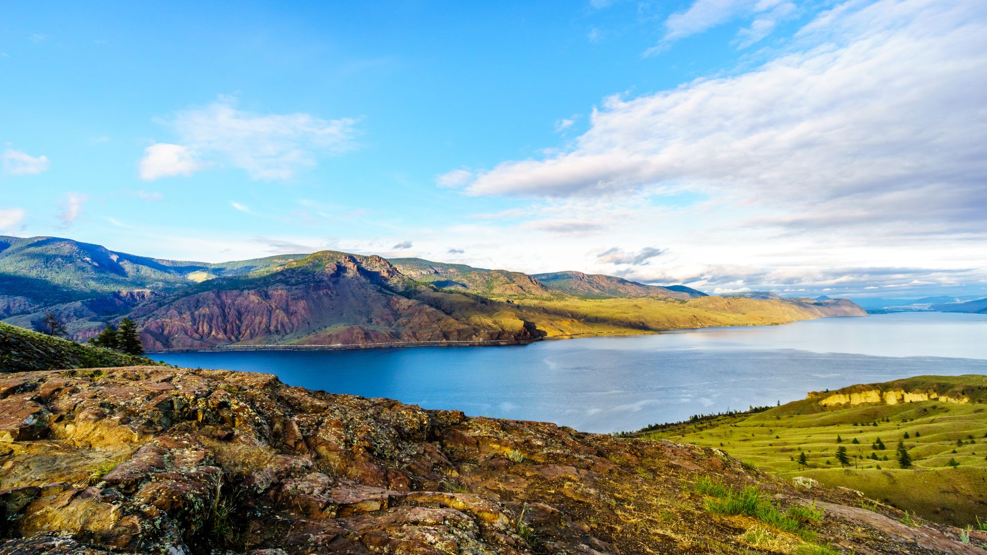 Sunset over Kamloops Lake along the Trans Canada Highway in British Columbia, Canada